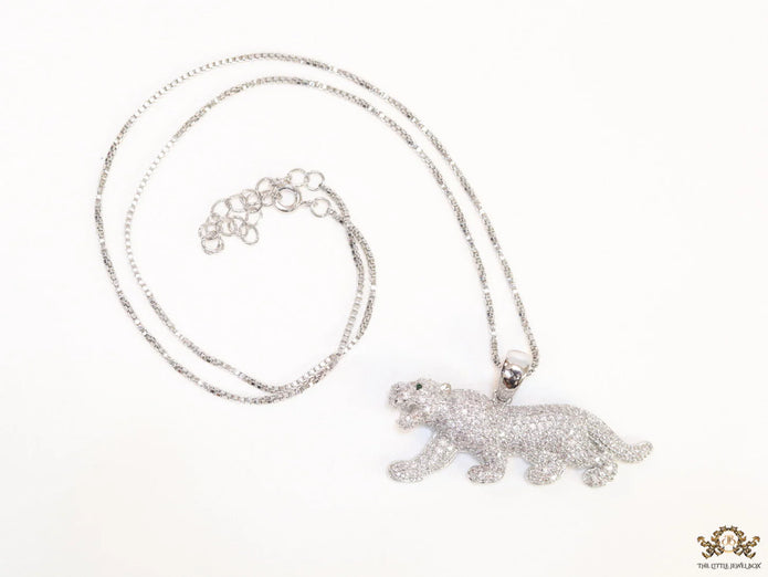 Platinum plated cubic zirconia panther pendant on sleek Platinum plated chain