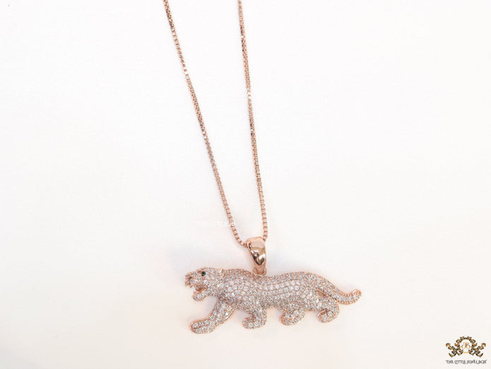Rose Gold plated cubic zirconia panther pendant on sleek platinum plated chain