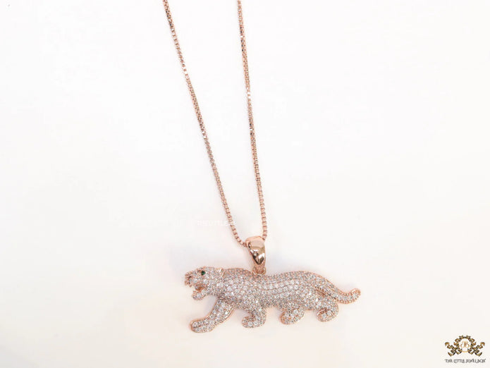 Rose Gold plated cubic zirconia panther pendant on sleek platinum plated chain