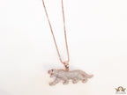 Rose Gold plated cubic zirconia panther pendant on sleek platinum plated chain