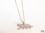 Rose Gold plated cubic zirconia panther pendant on sleek platinum plated chain