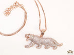 Rose Gold plated cubic zirconia panther pendant on sleek platinum plated chain