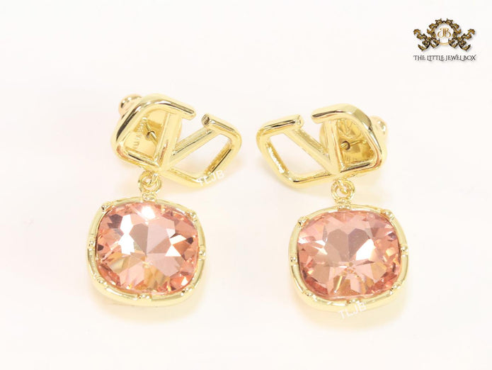 Alphabet open V dangles with pink stone
