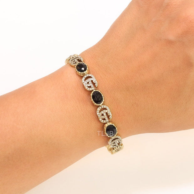 Double G cz with black stone open gold bracelet