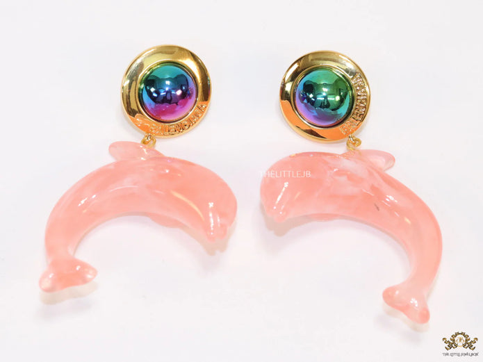 Pink dolphin earring with metallic shade stone