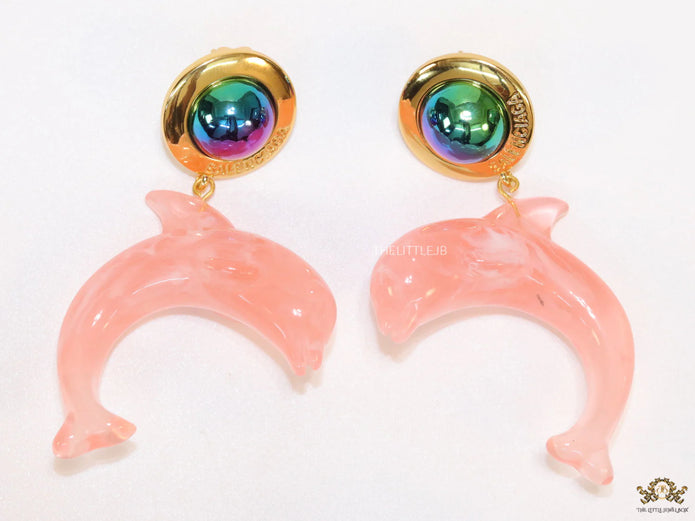 Pink dolphin earring with metallic shade stone
