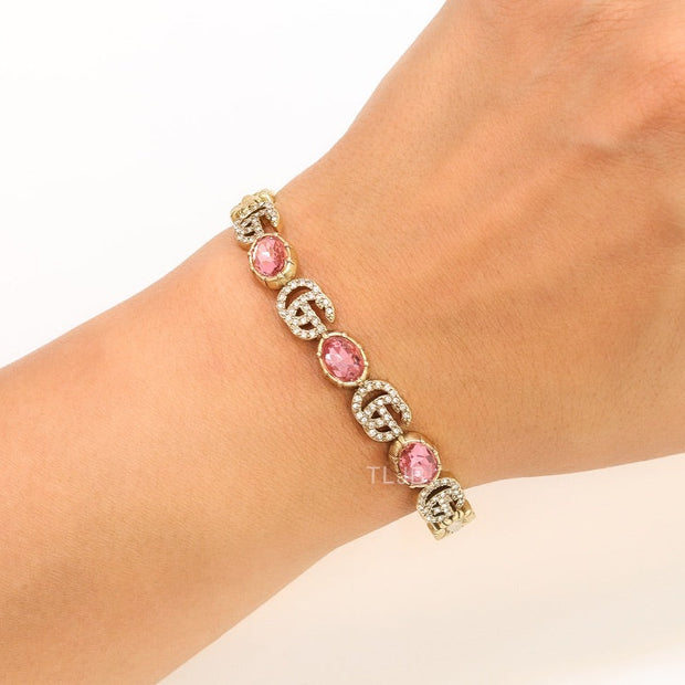 Double G cz with pink stone open gold bracelet