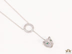 Platinum plated sleek chain with circular cubic zirconia disk and Platinum plated panther face motif pendant