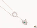 Platinum plated sleek chain with circular cubic zirconia disk and Platinum plated panther face motif pendant