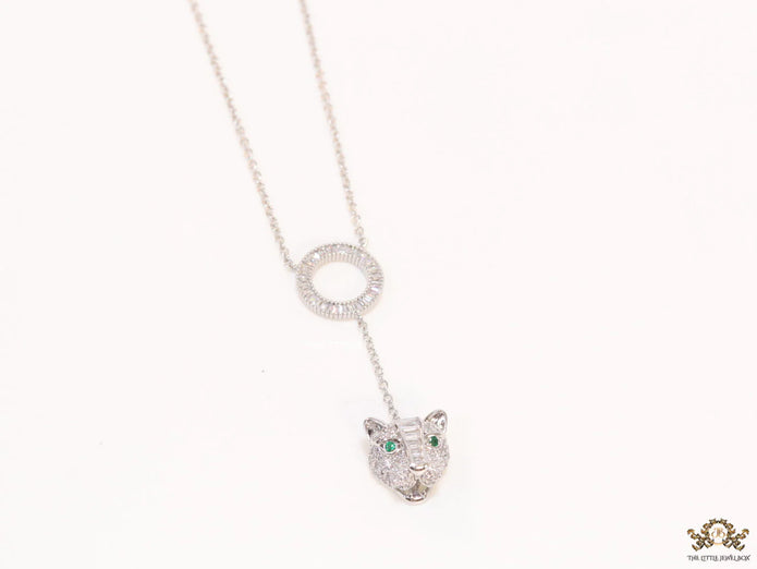Platinum plated sleek chain with circular cubic zirconia disk and Platinum plated panther face motif pendant
