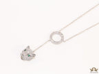 Platinum plated sleek chain with circular cubic zirconia disk and Platinum plated panther face motif pendant