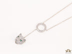 Platinum plated sleek chain with circular cubic zirconia disk and Platinum plated panther face motif pendant