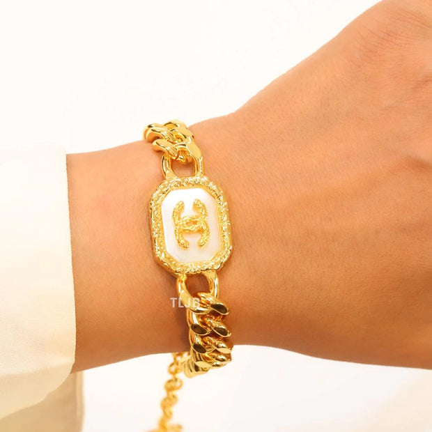 Double C white enamel and  gold link bracelet