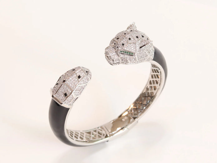 Panther face platinum and black bracelet