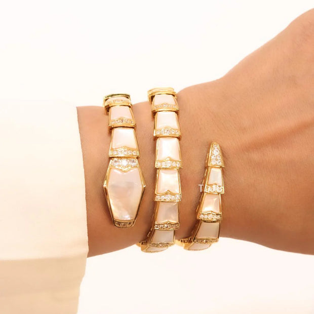 snake white and gold cz 3 layer bracelet