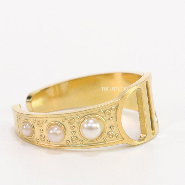 Golden alphabet open ring with pearls