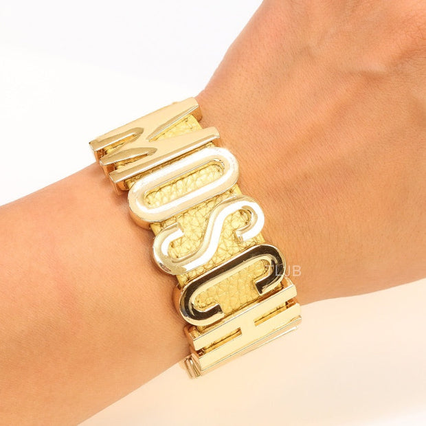 Alphabet M Gold Leather Bracelet