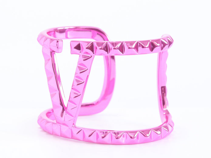 Pink chrome engraved broad bracelet cz