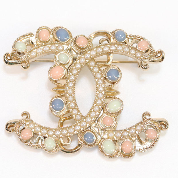 Double C motif Multicoloured cz and pearl brooch
