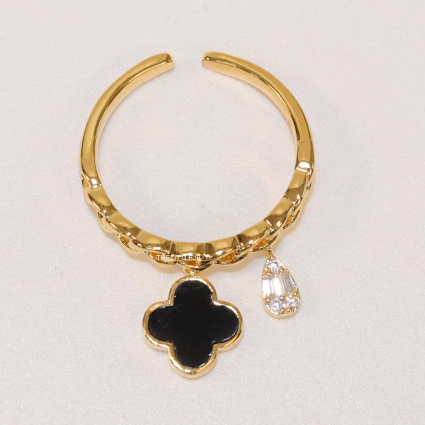 Gold plated link chain ring with black clover and cz drop