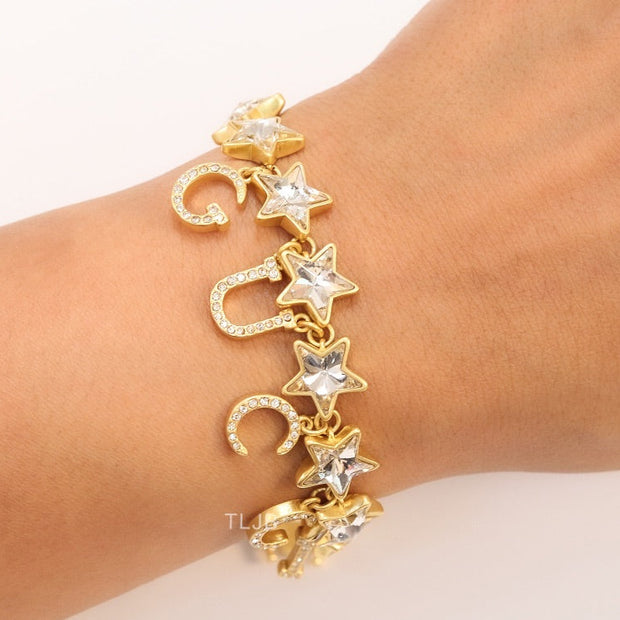 Double G and CZ stars gold charm bracelet