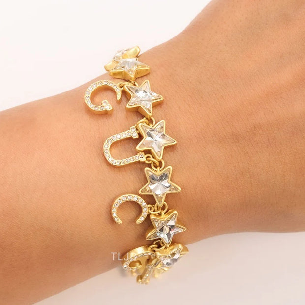 Double G and CZ stars gold charm bracelet
