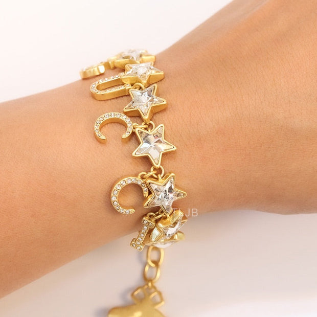 Double G and CZ stars gold charm bracelet