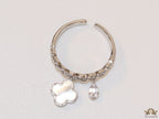 Platinum plated link chain ring with MOP clover and cz drop