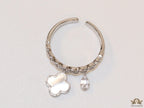 Platinum plated link chain ring with MOP clover and cz drop