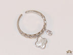 Platinum plated link chain ring with MOP clover and cz drop