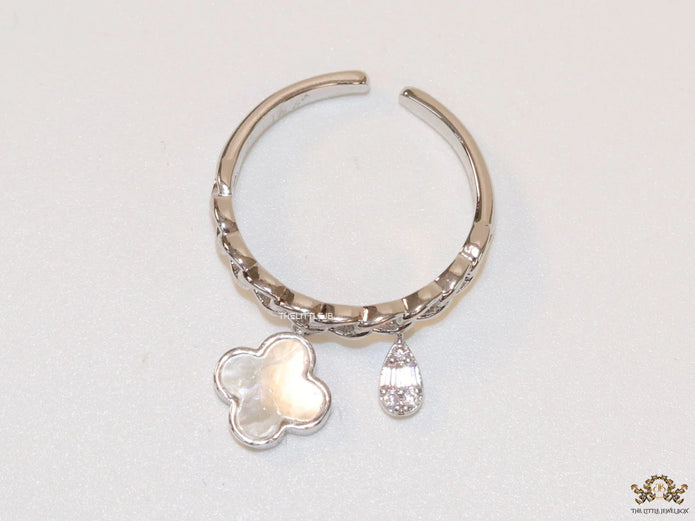 Platinum plated link chain ring with MOP clover and cz drop
