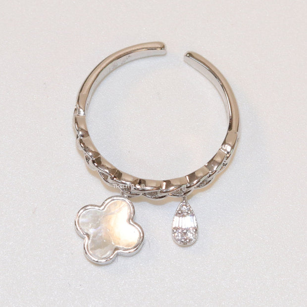 Platinum plated link chain ring with MOP clover and cz drop
