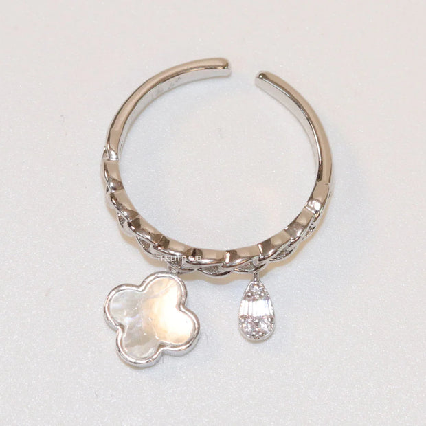 Platinum plated link chain ring with MOP clover and cz drop