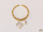 Gold plated link chain ring with MOP clover and cz drop