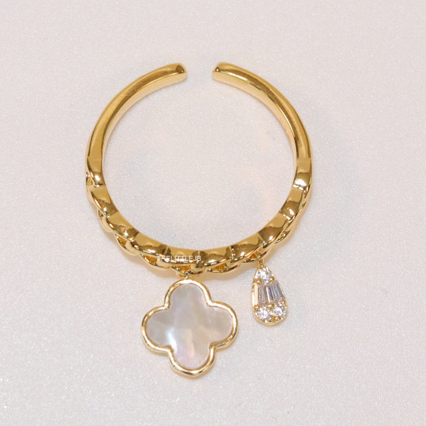 Gold plated link chain ring with MOP clover and cz drop