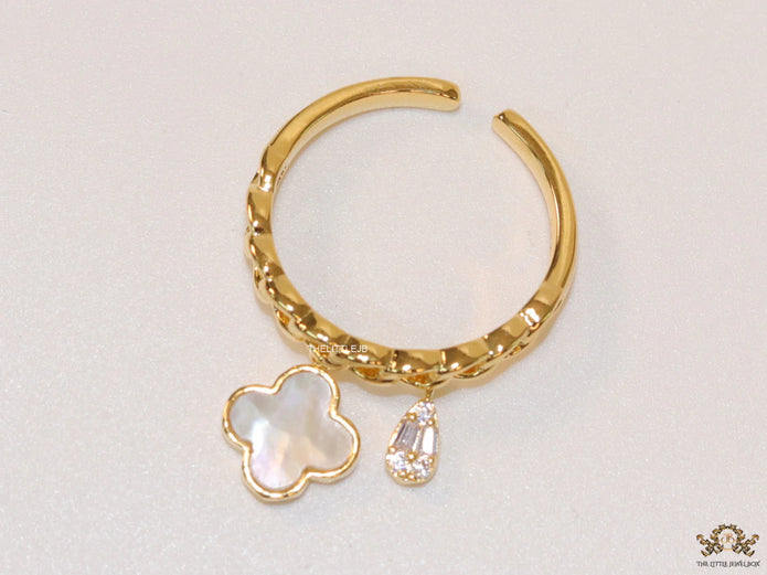 Gold plated link chain ring with MOP clover and cz drop