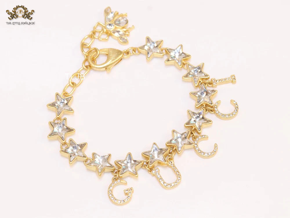 Double G and CZ stars gold charm bracelet