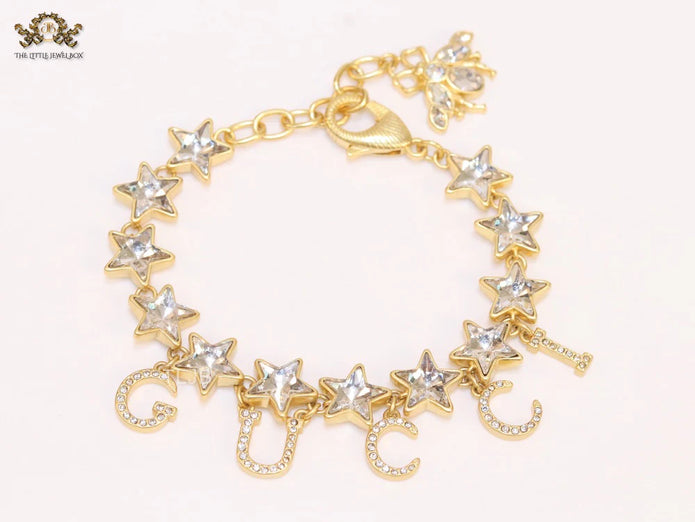 Double G and CZ stars gold charm bracelet