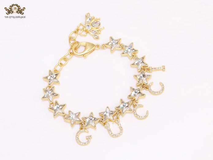 Double G and CZ stars gold charm bracelet