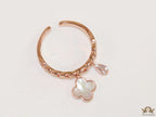 Rose gold plated link chain ring with MOP clover and cz drop