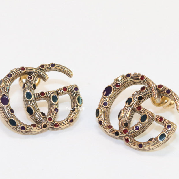 Antique gold plated twin G motif studs with multicoloured enamel