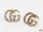 Antique gold plated twin G motif studs with multicoloured stones