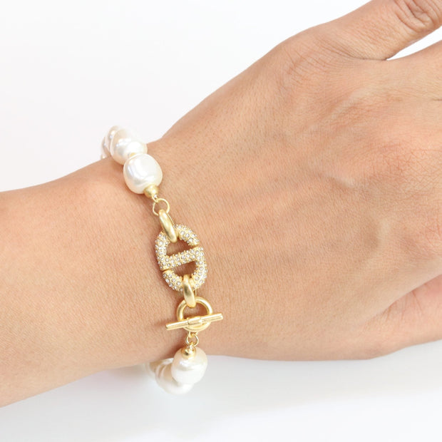 Alphabet C&D openable gold CZ pearl link bracelet