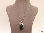 Platinum plated leopard on green stone pendant necklace with cz