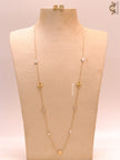 Pearl white clover heart and other shape charms on a sleek long gold plated chain with matching studs