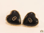 Heart shape black stud earrings with golden alphabets