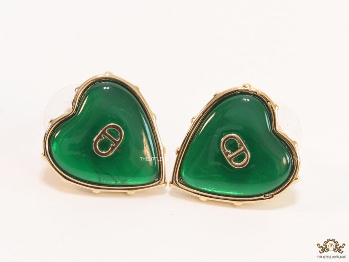 Heart shape green stud earrings with golden alphabets