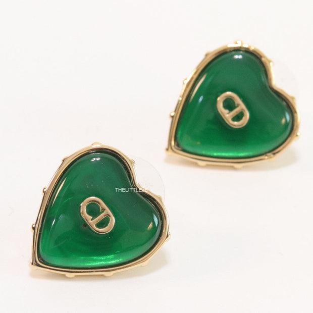 Heart shape green stud earrings with golden alphabets