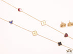 Multi colour clover heart and other shape charms on a sleek long gold plated chain with matching studs