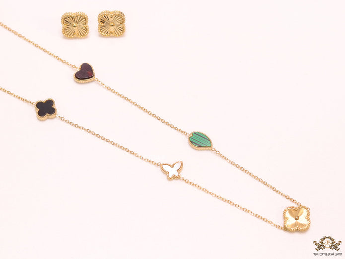 Multi colour clover heart and other shape charms on a sleek long gold plated chain with matching studs